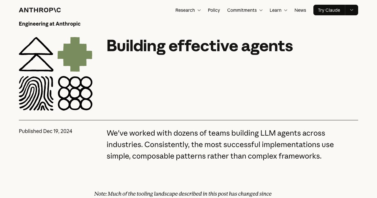 Anthropic's Building effective agents page, published 19 December 2024, listing prompt chaining, routing, parallelization, orchestrator-workers and evaluator-optimizer as the common agentic system patterns.
