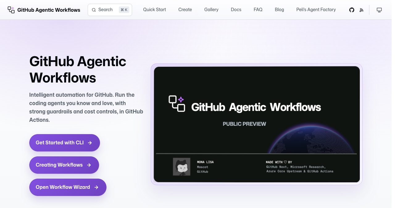 GitHub Agentic Workflows home page describing Markdown repository automation run by coding agents in GitHub Actions, with built-in guardrails, cost controls and a list of supported AI engines.