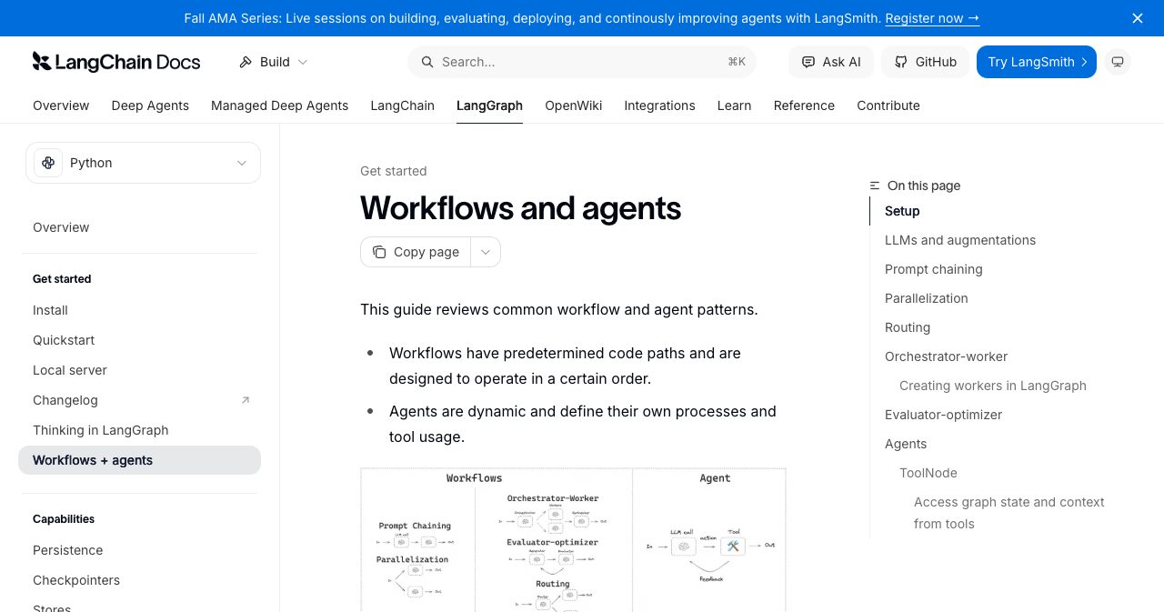 LangChain's LangGraph documentation page for workflows and agents, showing setup steps and the list of patterns: prompt chaining, parallelization, routing, orchestrator-worker and evaluator-optimizer.