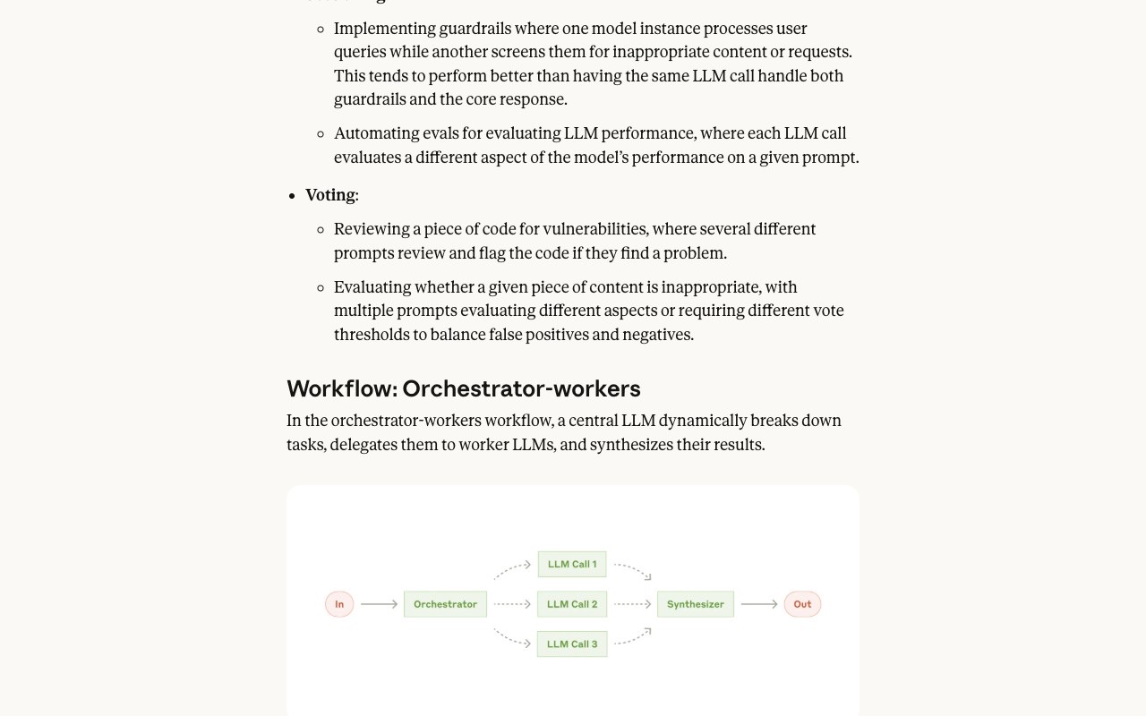 A diagram from Anthropic's engineering blog showing the orchestrator-workers workflow: an input feeds an orchestrator, which fans out to three parallel LLM calls, and a synthesizer combines their outputs into a single result.