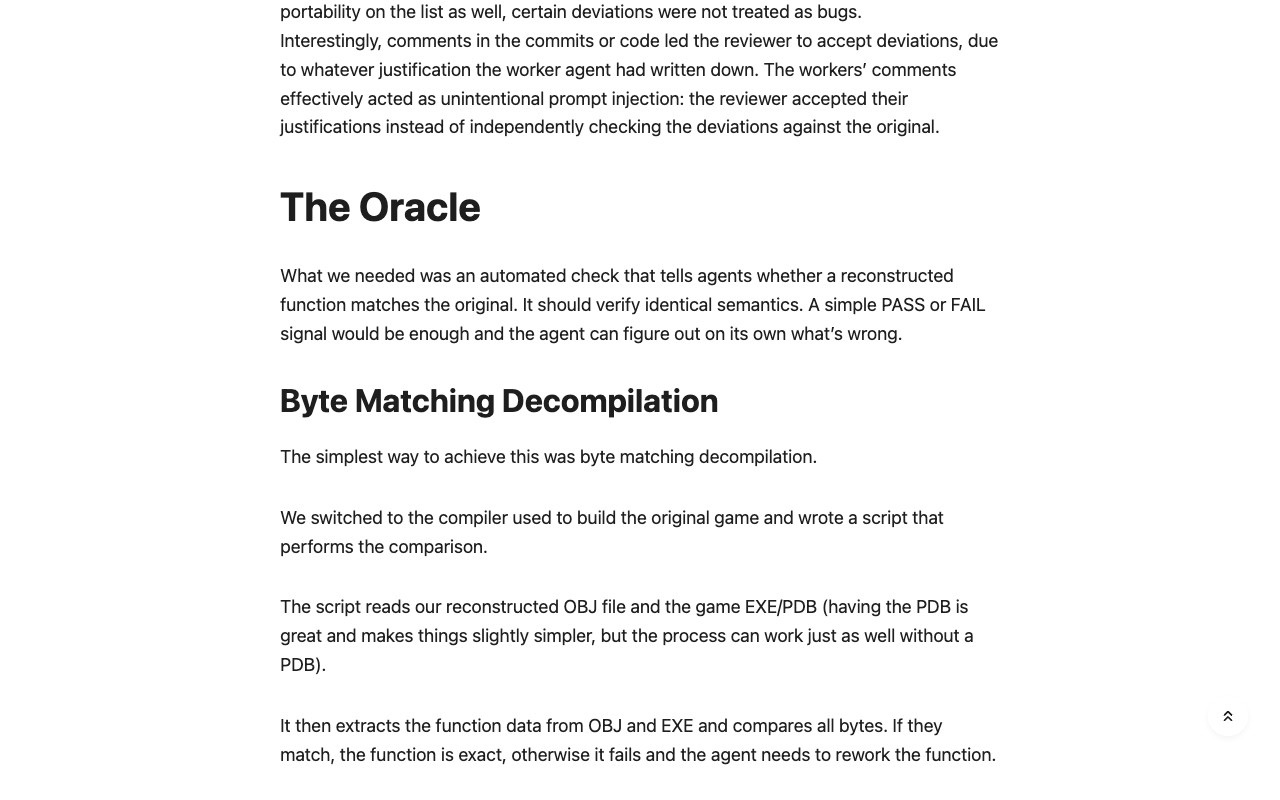 A section of Maurice Heumann's blog post describing "The Oracle," the byte-matching verification script that compares reconstructed code against the original game binary and returns an automatic pass or fail signal for each function.