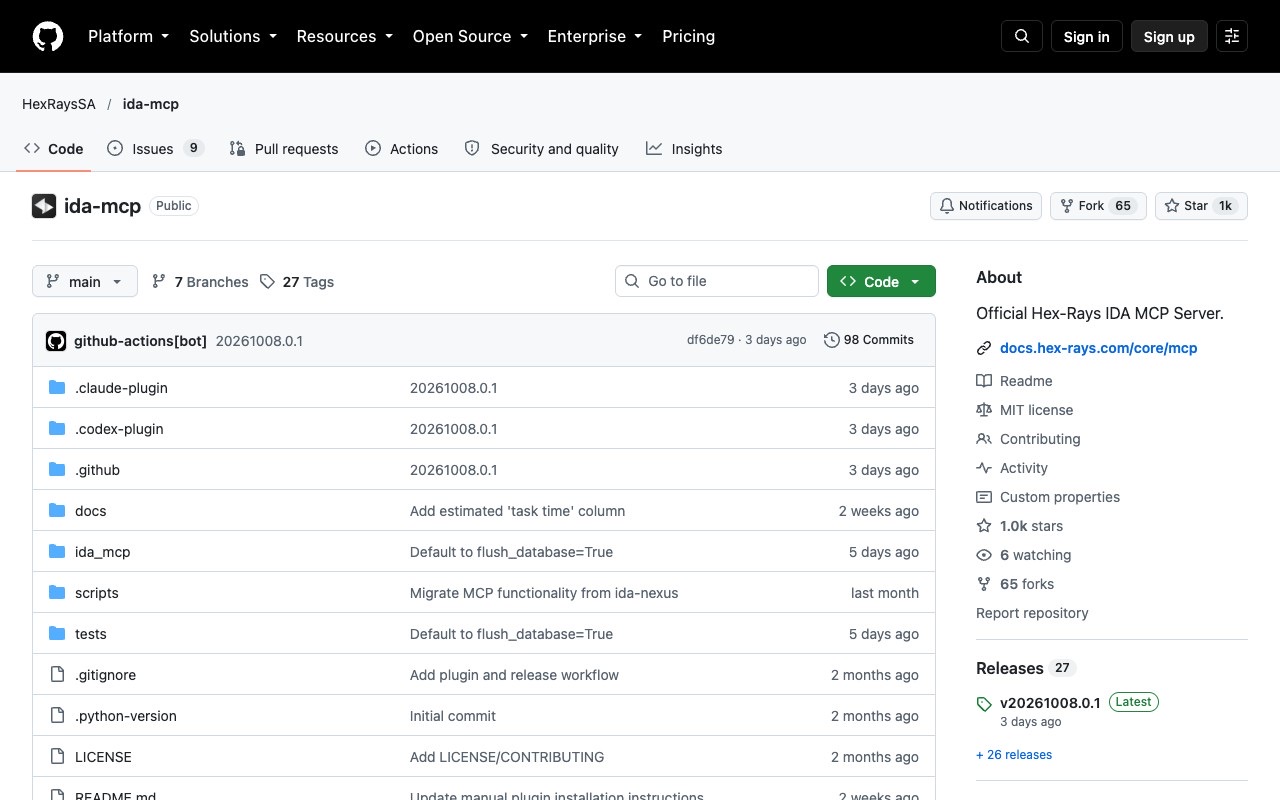 The GitHub repository page for ida-mcp, Hex-Rays' official MCP server for IDA, showing its MIT license, 1,000 stars and plugin support for Claude Code, Codex CLI and other agent harnesses.