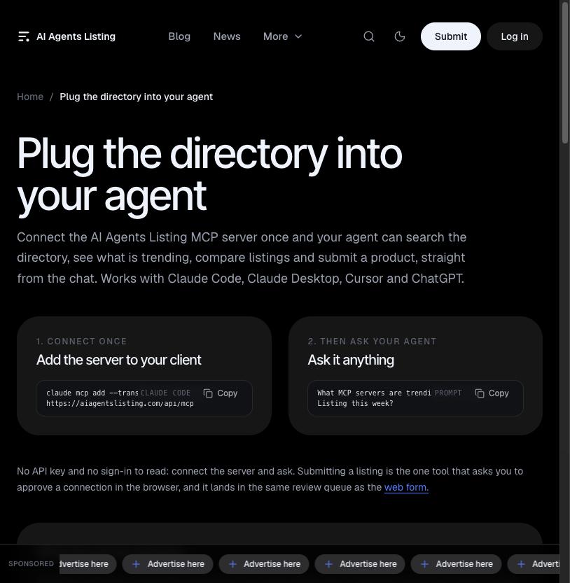 AI Agents Listing MCP server page with the claude mcp add command