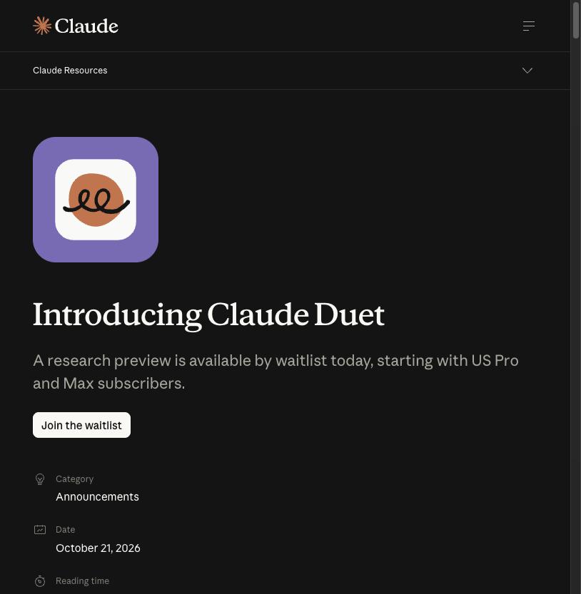 Anthropic's Introducing Claude Duet page, dated 21 October 2026, with a waitlist button for US Pro and Max subscribers