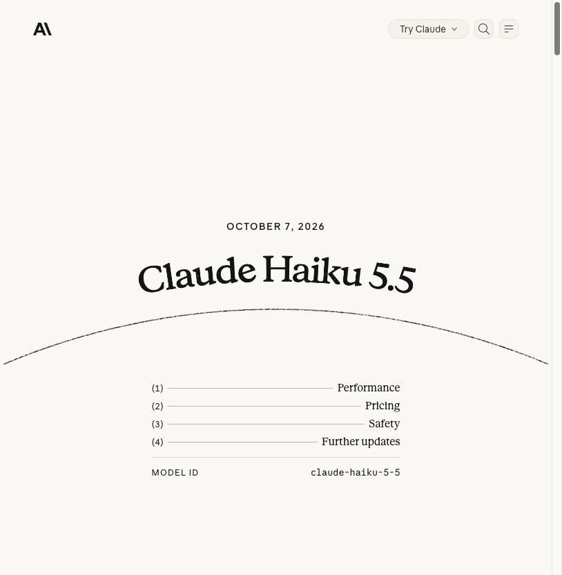 Anthropic's Claude Haiku 5.5 announcement showing the date and the model id claude-haiku-5-5