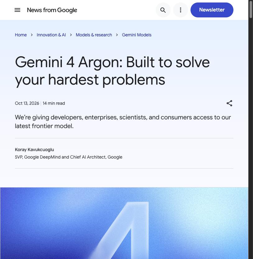 Google blog post introducing Gemini 4 Argon, dated 13 October 2026