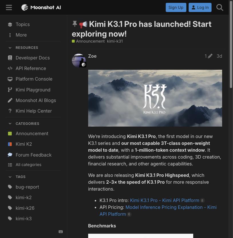 Moonshot AI forum post announcing Kimi K3.1 Pro and the Highspeed variant