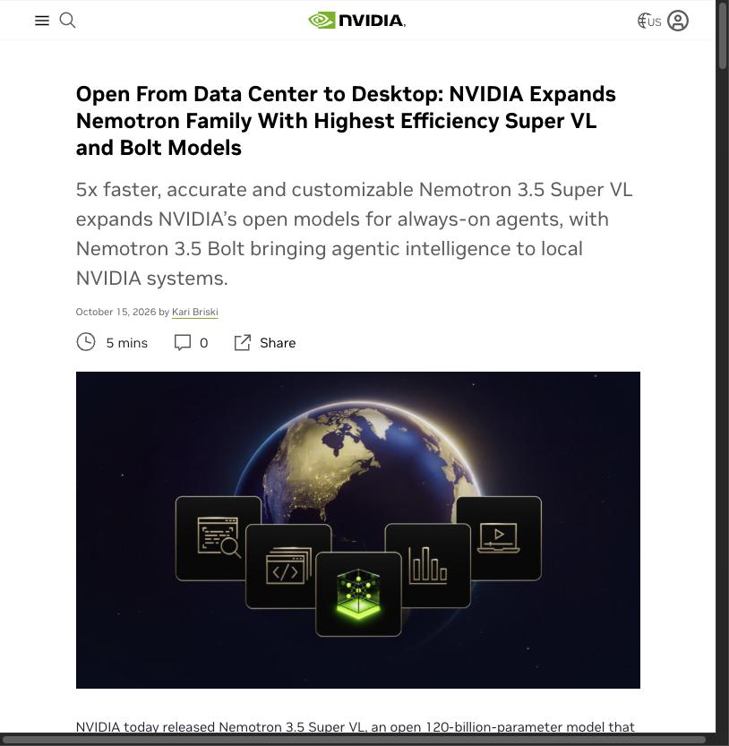 NVIDIA blog post on Nemotron 3.5 Super VL and Bolt models, dated 15 October 2026