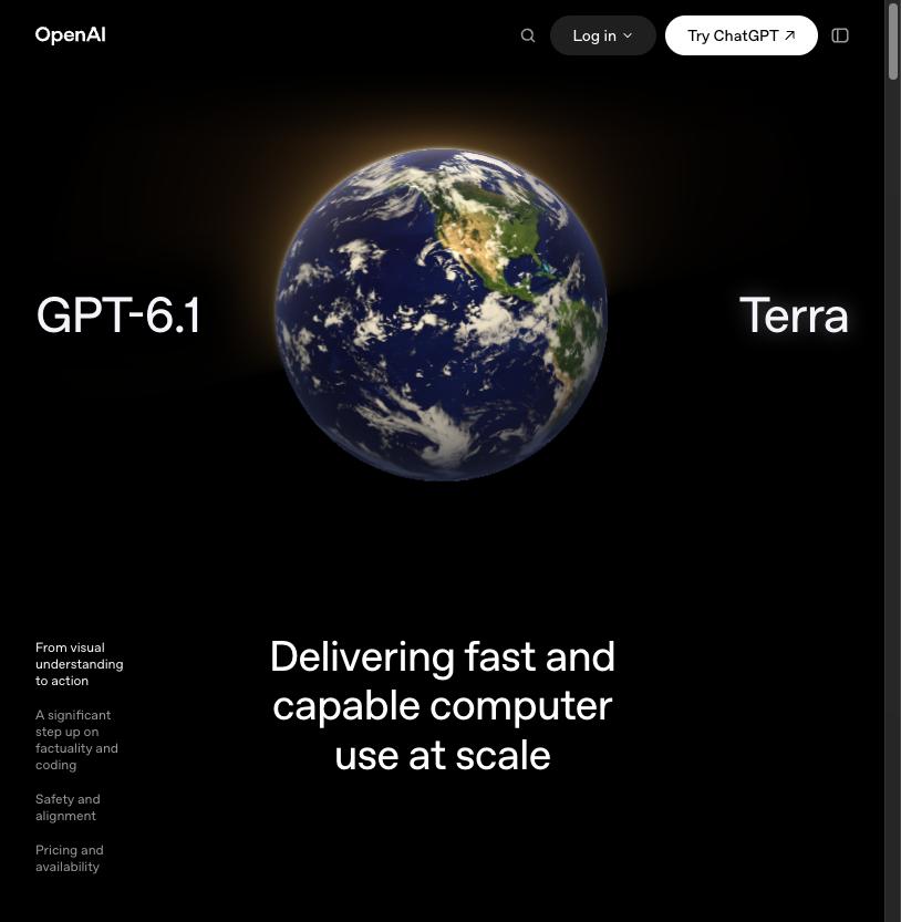 OpenAI's GPT-6.1 Terra announcement page, headlined as fast and capable computer use at scale