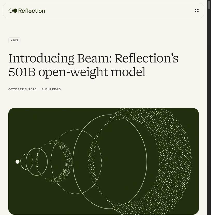 Reflection AI's blog post introducing Beam, its 501B open-weight model