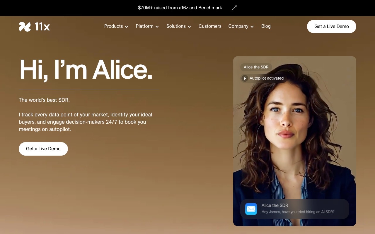 11x's Alice product page describing the AI SDR as tracking market data and engaging decision-makers around the clock, with a banner noting the company has raised more than 70 million dollars from a16z and Benchmark.