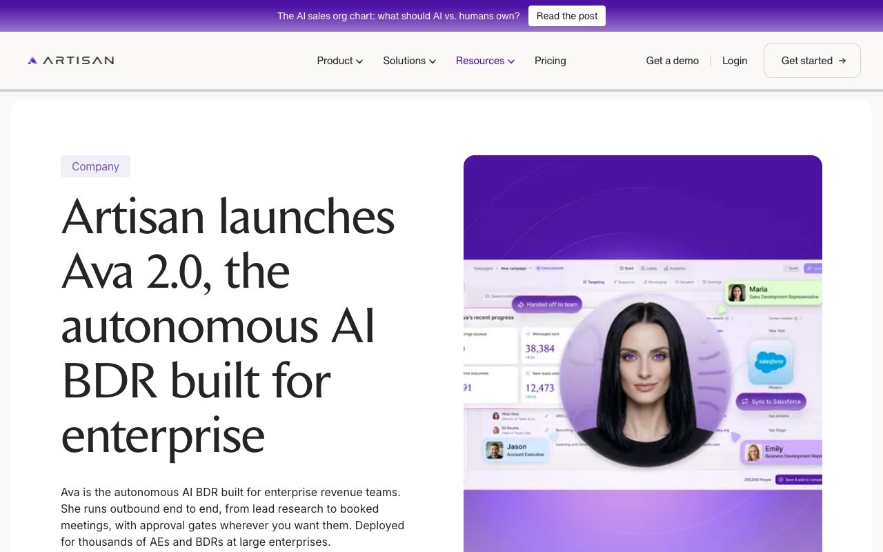 Artisan's blog post announcing the Ava 2.0 launch, describing the autonomous AI BDR built for enterprise revenue teams with a product screenshot showing booked meetings and CRM sync.