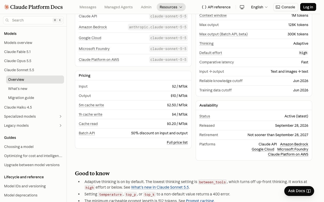 Anthropic's Claude Platform docs page for Claude Sonnet 5.5 listing its model IDs across the Claude API, Amazon Bedrock, Google Cloud and Microsoft Foundry, its 1M-token context window, 128K max output, and a September 28, 2026 release date.