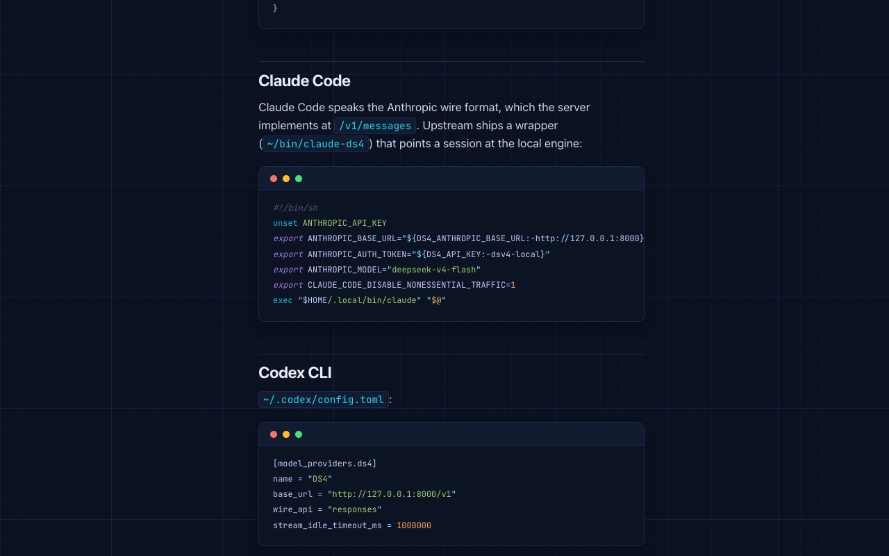 Claude Code section of the ds4 server API documentation, showing the claude-ds4 wrapper script that sets ANTHROPIC_BASE_URL to a local ds4-server address.