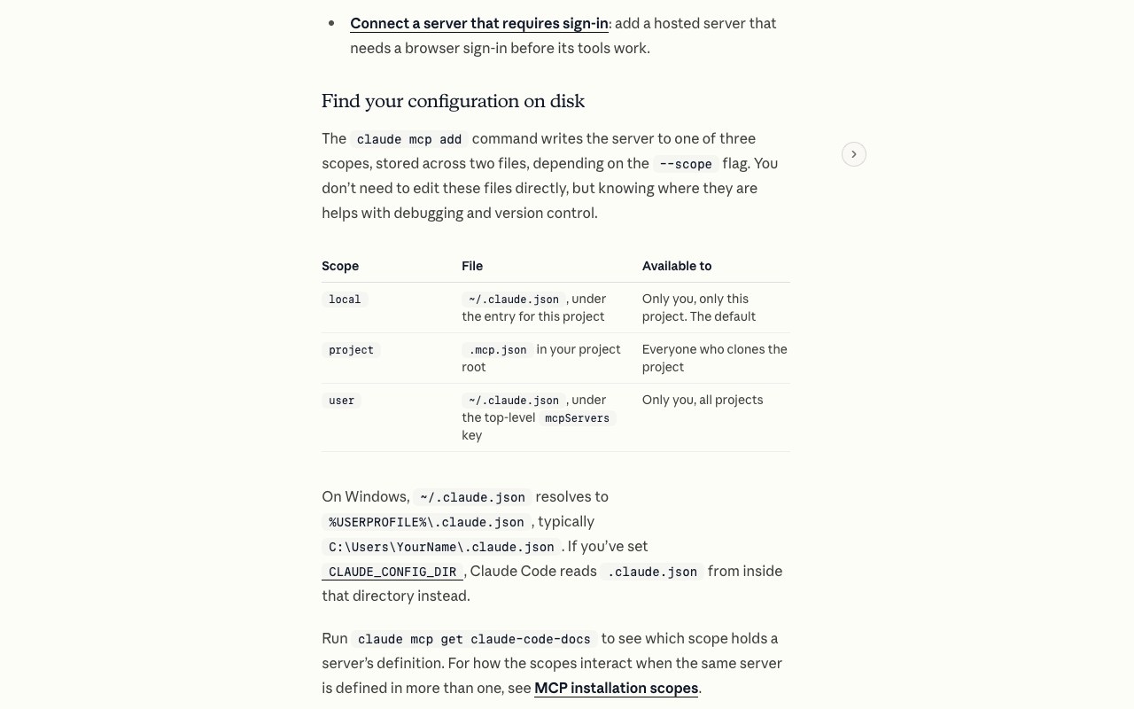 Claude Code docs table showing three MCP scopes: local stored in ~/.claude.json for this project, project stored in .mcp.json for everyone who clones it, and user stored under the top-level mcpServers key.