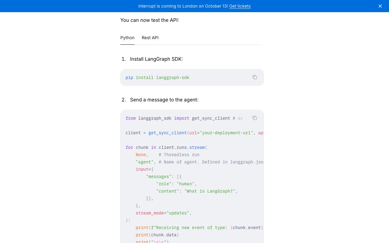 The code sample from LangChain's LangGraph deployment docs, showing the langgraph-sdk Python client streaming a request to a deployed agent after the GitHub-to-LangSmith-Cloud deploy steps.