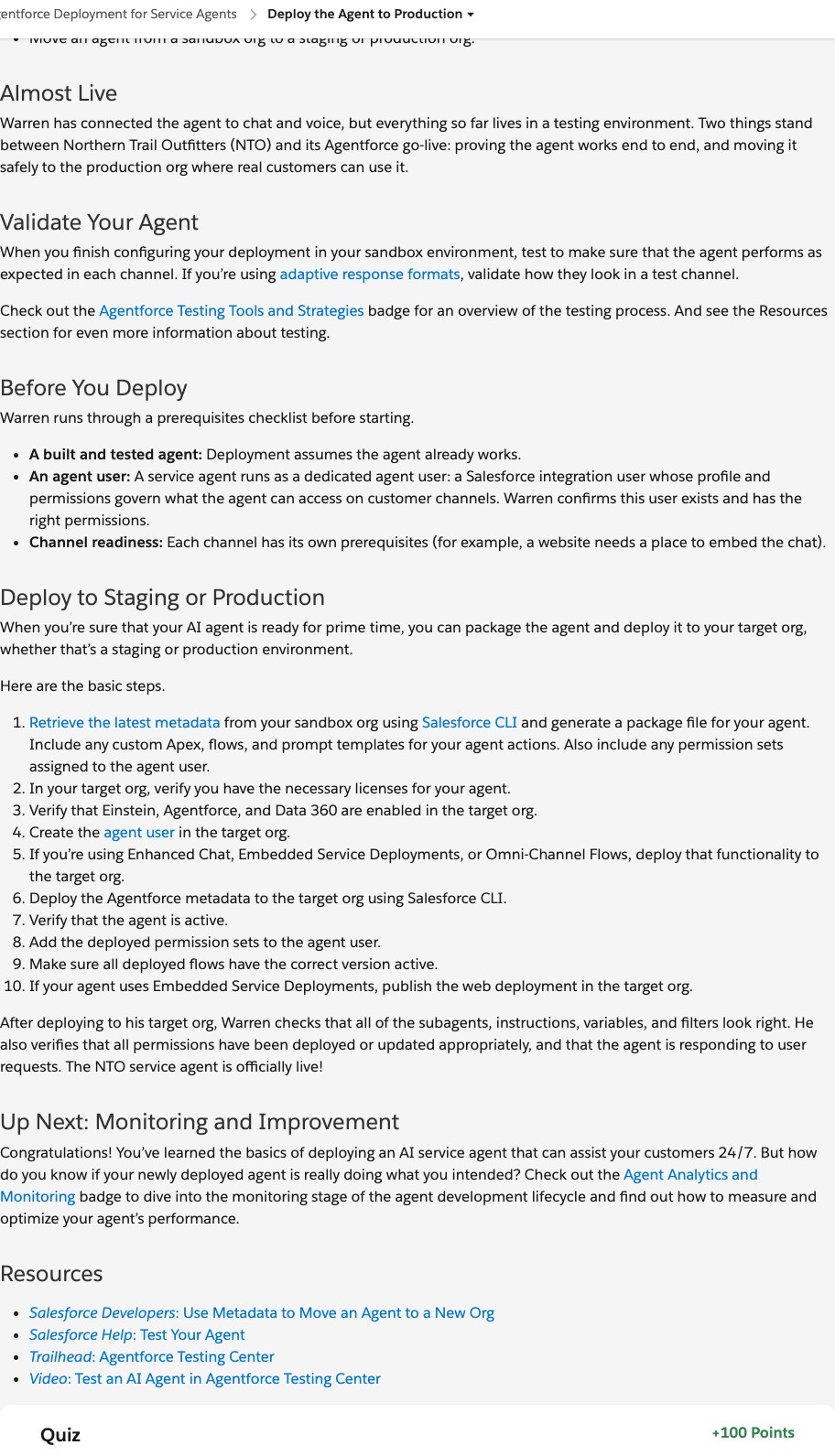 The ten-step Agentforce deployment checklist from Salesforce's Trailhead module, covering metadata retrieval with Salesforce CLI, license and feature checks, creating the agent user, and verifying permissions after deploying to a target org.