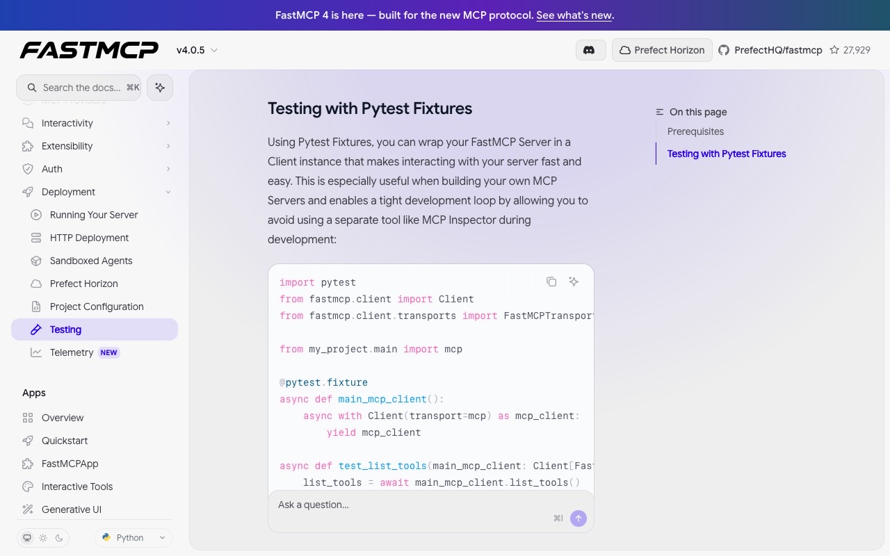The FastMCP v4.0.5 documentation page for testing, showing the pytest fixture pattern that wraps a FastMCP server in a Client instance for in-process unit tests.