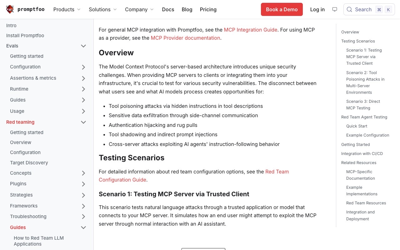 The overview section of Promptfoo's MCP security testing guide, listing the five threat categories specific to MCP: tool poisoning, side-channel data exfiltration, authentication hijacking, tool shadowing and cross-server attacks.