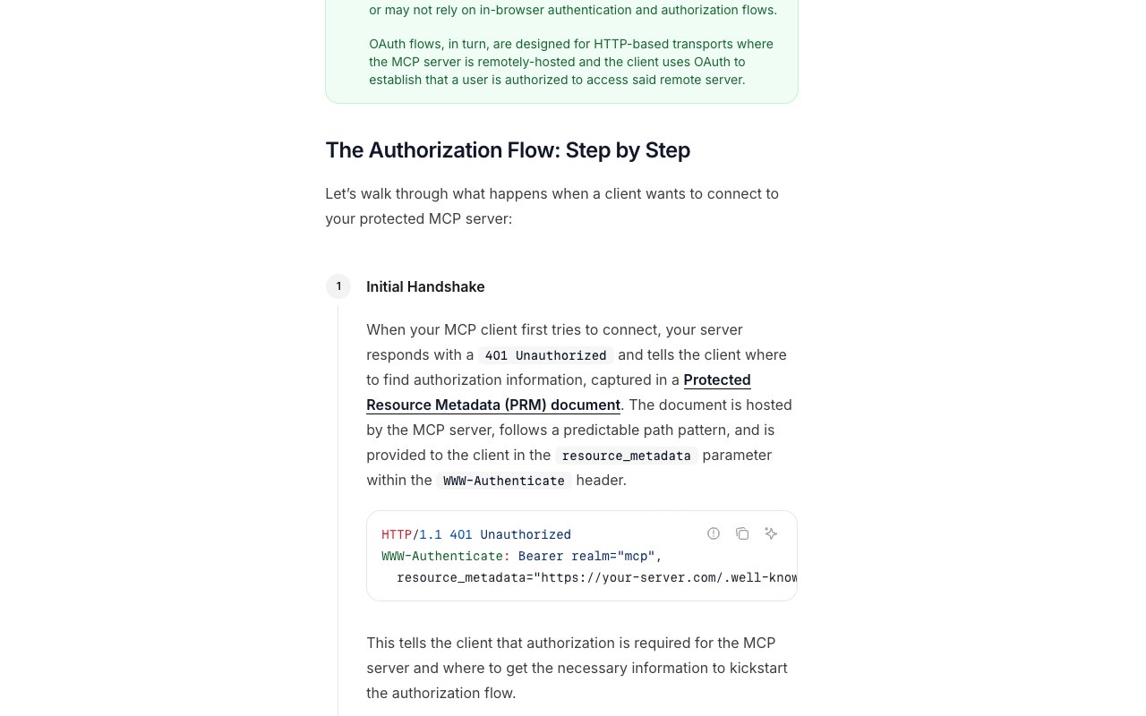 The Model Context Protocol's official authorization tutorial walking through step 1 of the flow, the 401 response with a WWW-Authenticate header pointing the client at the Protected Resource Metadata document.