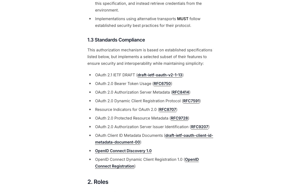 The Model Context Protocol authorization specification's Standards Compliance list, showing OAuth 2.1 and the seven RFCs and OpenID Connect specs it builds on, including RFC 9728 Protected Resource Metadata and RFC 8707 Resource Indicators.