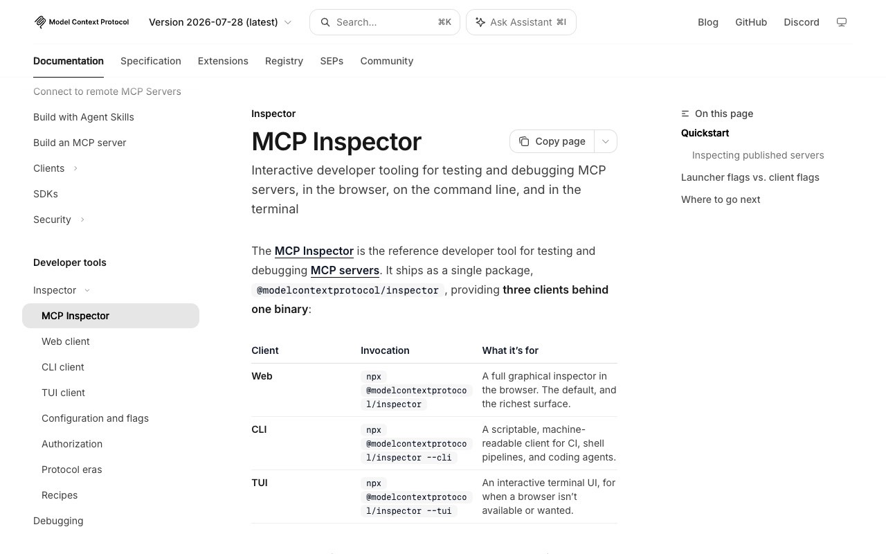 MCP Inspector documentation page from modelcontextprotocol.io, with a table listing the Web, CLI and TUI clients and the npx command that starts each one.