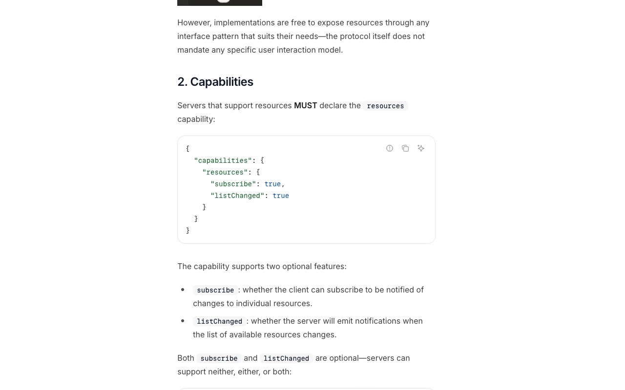 The MCP specification's Resources page showing the JSON capability declaration with subscribe and listChanged fields, and the two optional features a server can support neither, either or both of.