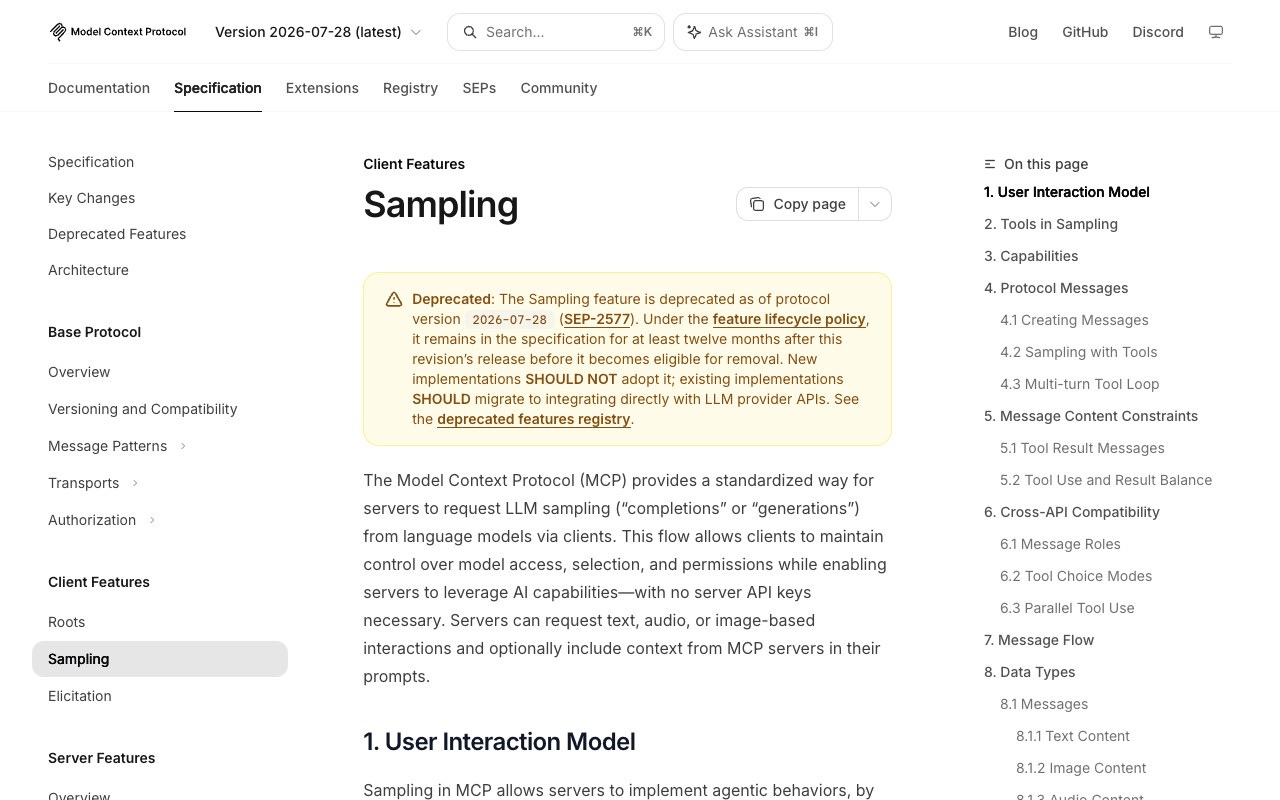 Model Context Protocol specification page showing the Sampling feature marked Deprecated as of protocol version 2026-07-28, with a note that new implementations should not adopt it.