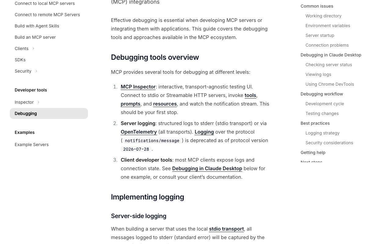 The Debugging tools overview section of the MCP documentation, listing the MCP Inspector, server logging and client developer tools, and noting that protocol logging is deprecated as of version 2026-07-28