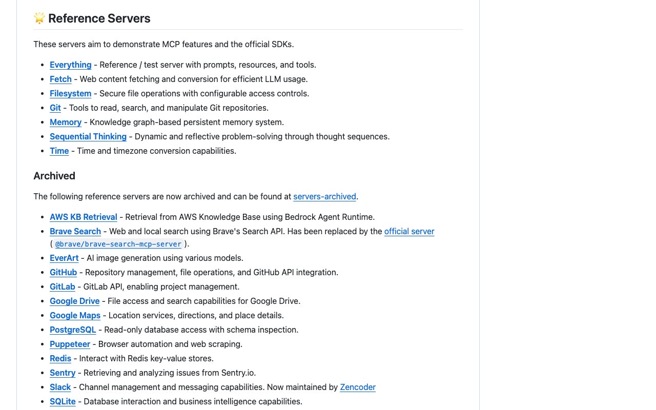 The Reference Servers section of the modelcontextprotocol/servers README listing Everything, Fetch, Filesystem, Git, Memory, Sequential Thinking and Time, followed by the archived list including GitHub, PostgreSQL, Puppeteer and Slack