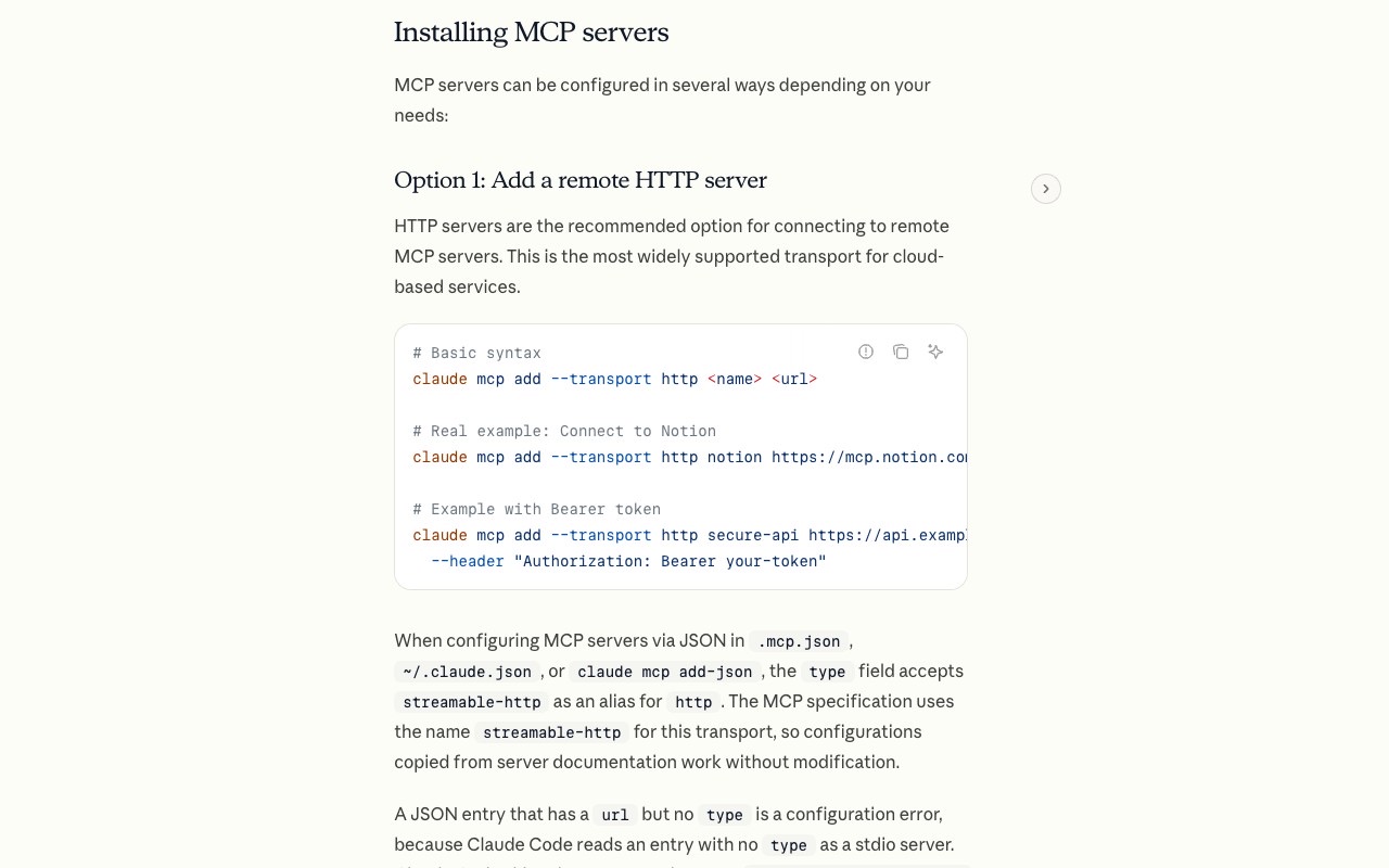 Claude Code MCP reference page showing the claude mcp add --transport http command and a note that the streamable-http type is an alias for http in JSON configuration.
