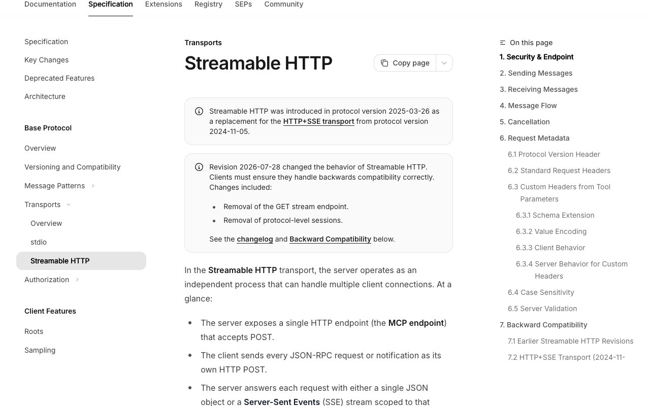 Callout on the Streamable HTTP page of the MCP specification stating that revision 2026-07-28 changed the behavior of Streamable HTTP, removing the GET stream endpoint and protocol-level sessions.