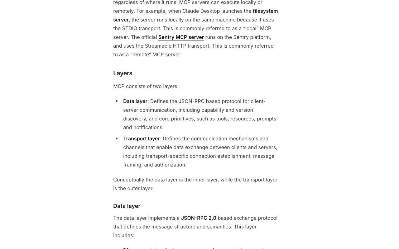 Documentation page showing MCP's two architectural layers: the data layer, which defines the JSON-RPC message format and primitives like tools and resources, and the transport layer, which handles stdio and Streamable HTTP connections.