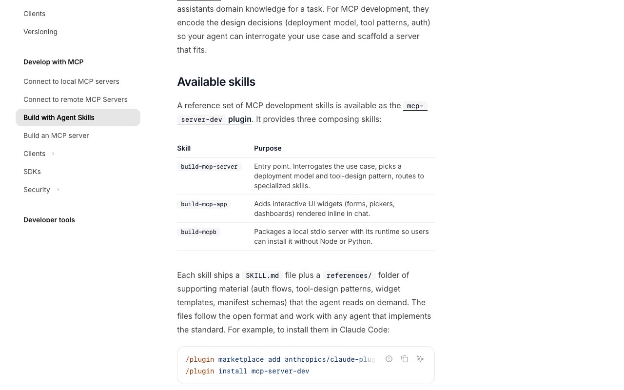 MCP's official developer documentation page describing the mcp-server-dev plugin and its three composing Agent Skills, build-mcp-server, build-mcp-app and build-mcpb, with the Claude Code plugin install commands