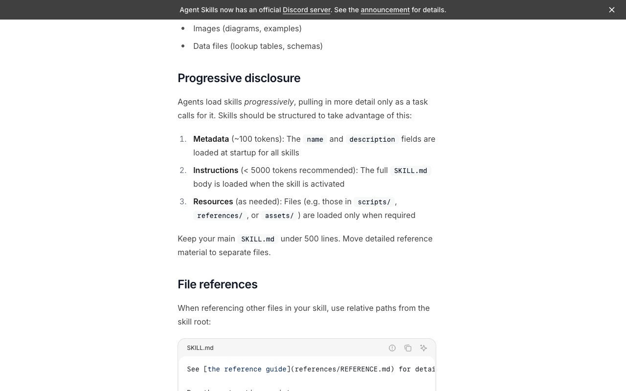 Agent Skills specification page showing the three-stage progressive disclosure model: metadata at about 100 tokens loaded for every skill at startup, the SKILL.md body under 5,000 recommended tokens loaded on activation, and referenced scripts, references and assets loaded only as needed