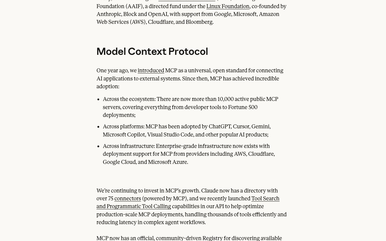 A bulleted list from Anthropic's December 2025 announcement stating more than 10,000 active public MCP servers and adoption by ChatGPT, Cursor, Gemini, Microsoft Copilot and Visual Studio Code at the time MCP was donated to the Agentic AI Foundation.