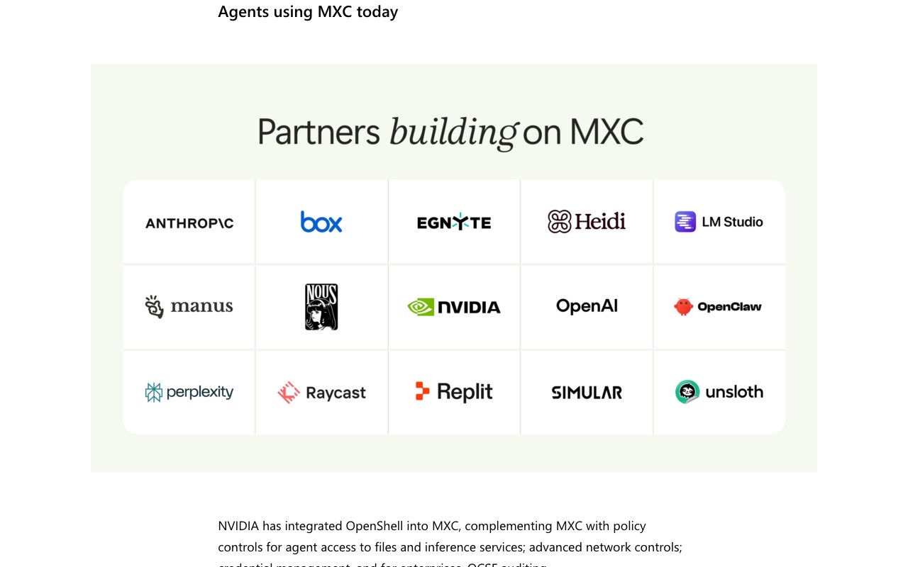 The Windows Developer Blog's partner grid showing Anthropic, Box, Egnyte, Heidi, LM Studio, Manus, Nous Research, NVIDIA, OpenAI, OpenClaw, Perplexity, Raycast, Replit, Simular and Unsloth as companies building agents on Microsoft Execution Containers.