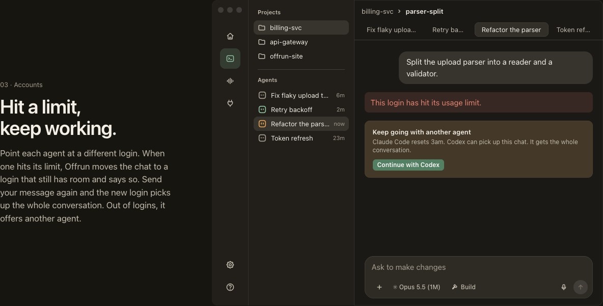 The Offrun accounts section showing a chat that reached its usage limit, with a card offering to continue the chat in Codex.