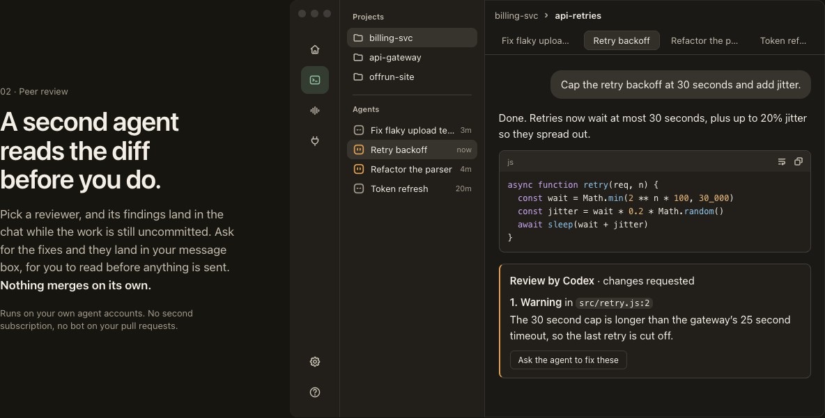 The Offrun peer review section, showing a Codex review that flags a retry cap longer than a gateway timeout in src/retry.js.