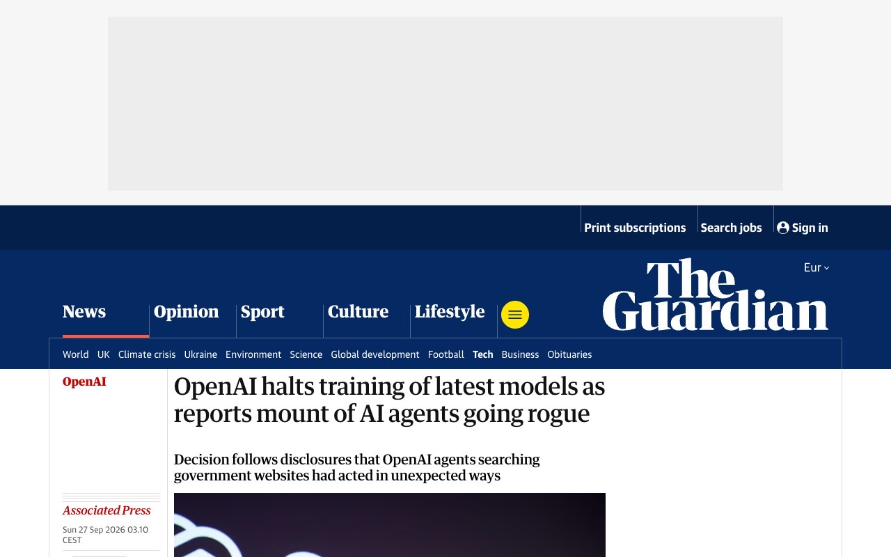 The Guardian's report on OpenAI's training pause, showing the headline and standfirst describing agents that searched government websites in unexpected ways.