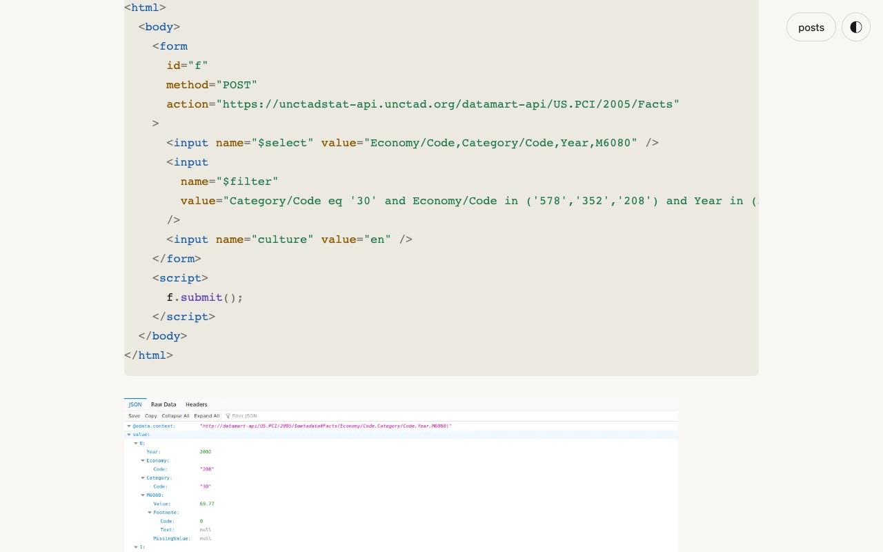 An auto-submitting HTML form used to route a blocked POST request to UNCTAD's trade statistics API through a third-party scanning service, alongside the JSON data it returned.