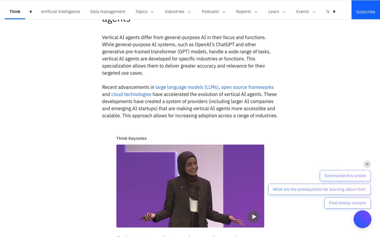 IBM's vertical AI agents page explains that these systems are built on general-purpose foundation models and then fine-tuned or adapted with retrieval-augmented generation for one industry, unlike broad models such as ChatGPT.