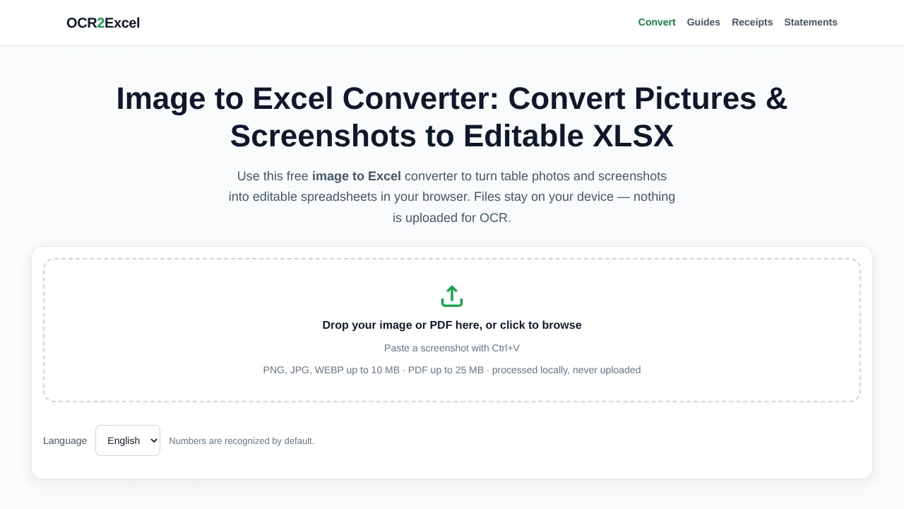Screenshot of OCR2Excel website
