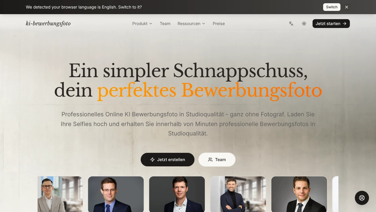 Screenshot of KI-Bewerbungsfoto website