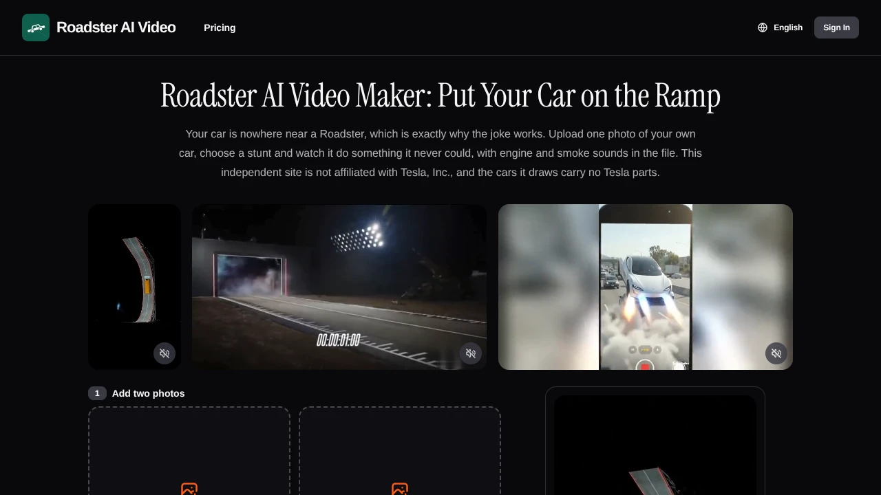 Screenshot of Roadster AI Video website