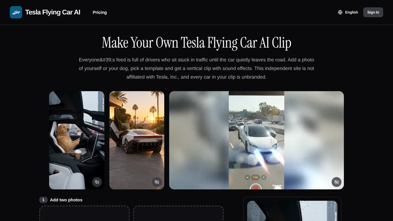 Screenshot of Tesla Flying Car AI website