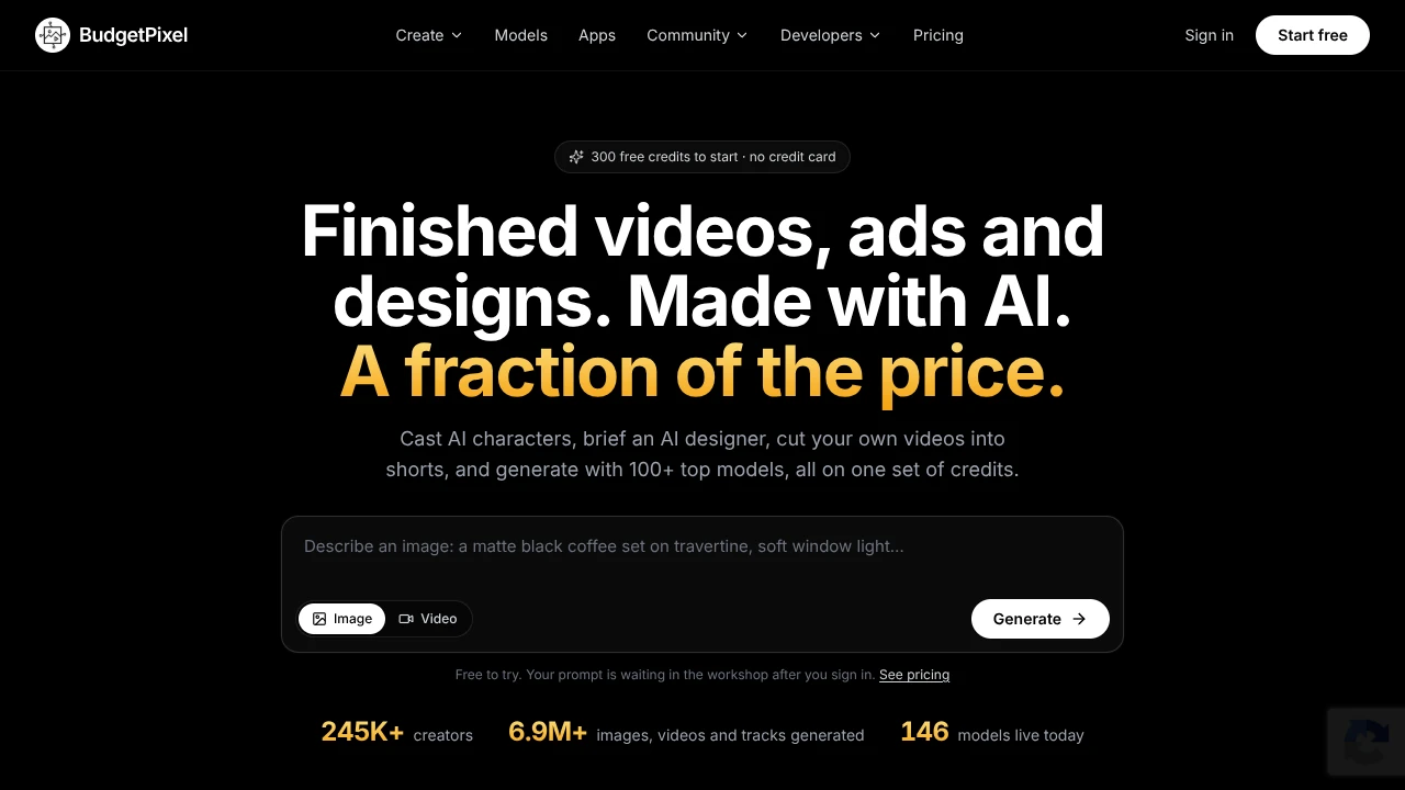 Screenshot of BudgetPixel AI website