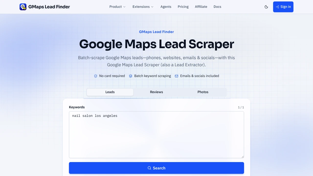 Screenshot of GMaps Lead Finder website