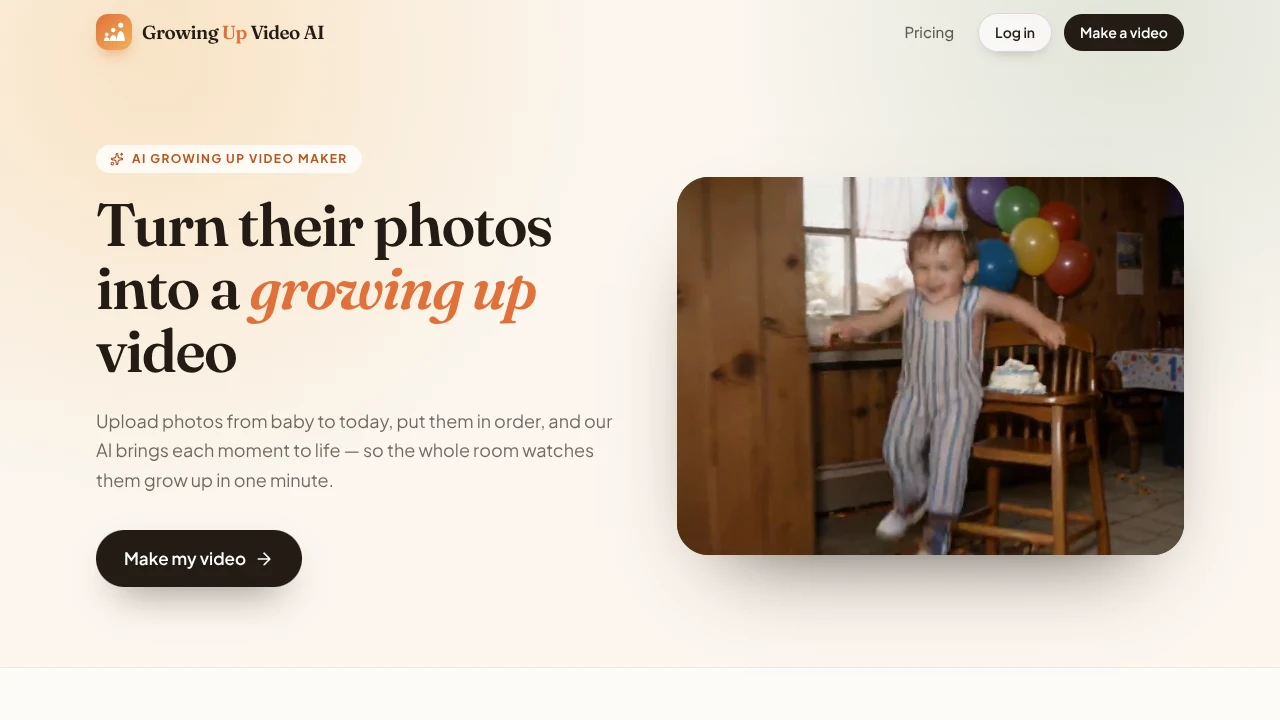 Screenshot of Growing Up Video AI website