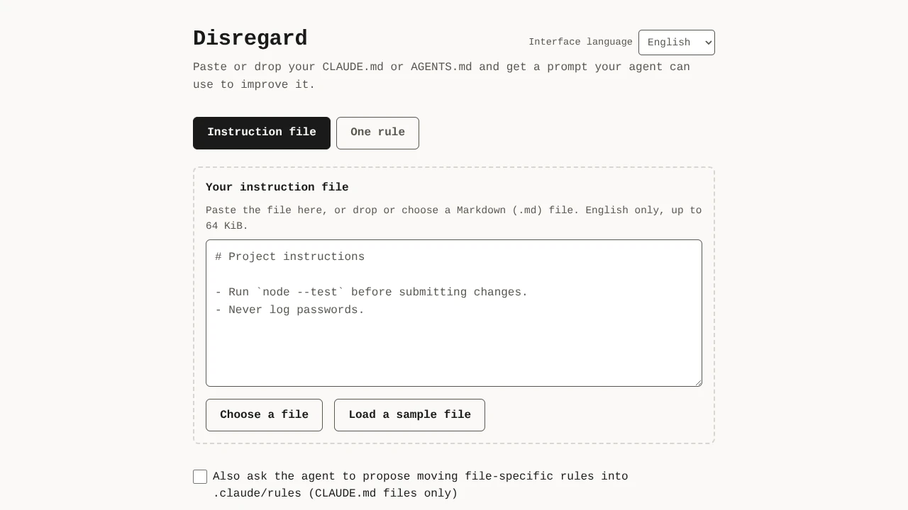 Screenshot of Disregard website